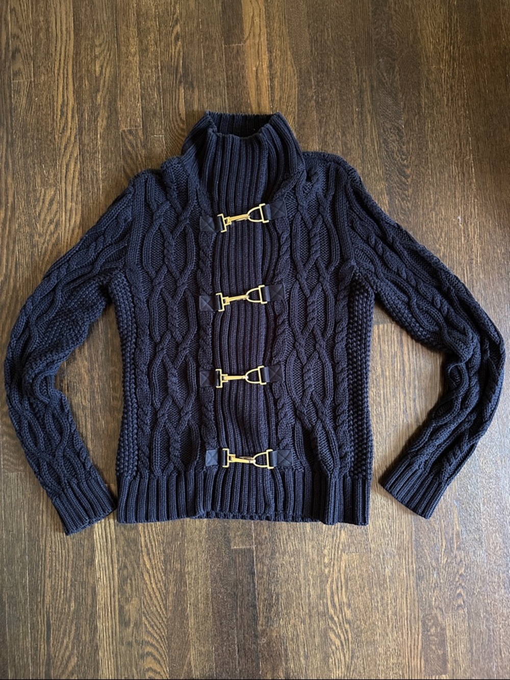 Lauren Ralph Lauren Black 100% Cotton Cable Knit Sweater with Gold-Tone Buckles